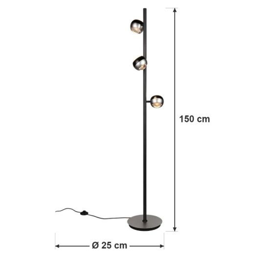 Piantana per salotto 3 luci led 25,5w cct 2300k 3000k 4000k touch bi-emissione nichel opaco nera