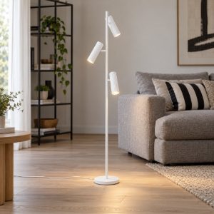 Piantana 3 luci per soggiorno moderna bianca con diffusori cilindrici rigati