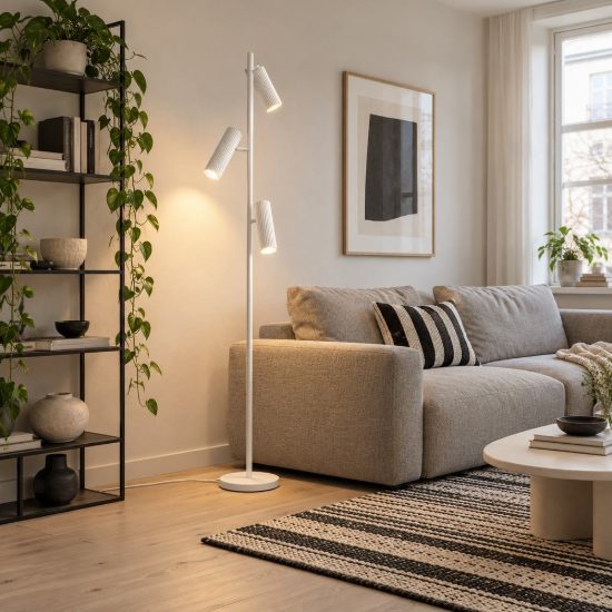 Piantana 3 luci per soggiorno moderna bianca con diffusori cilindrici rigati