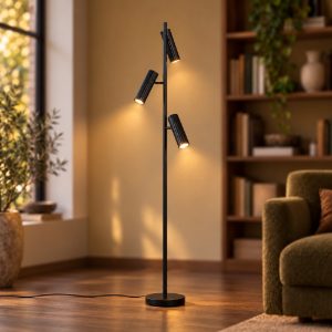 Piantana 3 luci per soggiorno moderna nera con diffusori cilindrici rigati