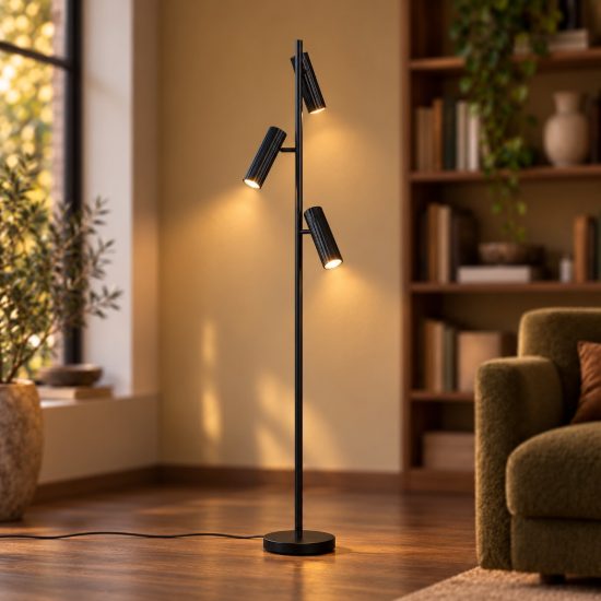 Piantana 3 luci per soggiorno moderna nera con diffusori cilindrici rigati