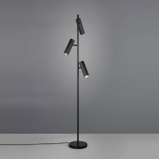 Piantana 3 luci per soggiorno moderna nera con diffusori cilindrici rigati