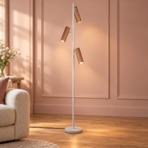 Piantana 3 luci per soggiorno moderna grigio caldo caffe con diffusori cilindrici rigati