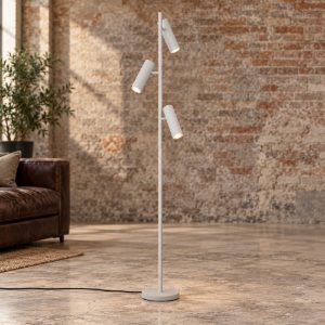 Piantana 3 luci per soggiorno moderna grigio caldo con diffusori cilindrici rigati