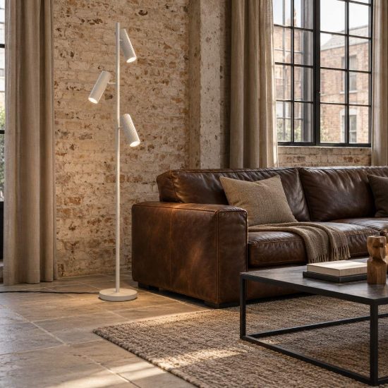 Piantana 3 luci per soggiorno moderna grigio caldo con diffusori cilindrici rigati