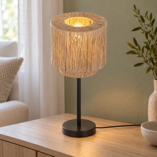 Lampada da tavolo per soggiorno moderna nera con paralume in juta naturale