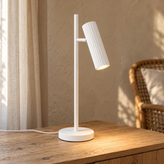 Lampada da tavolo per soggiorno moderna bianca con diffusore cilindrico rigato