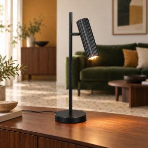 Lampada da tavolo per soggiorno moderna nera con diffusore cilindrico rigato