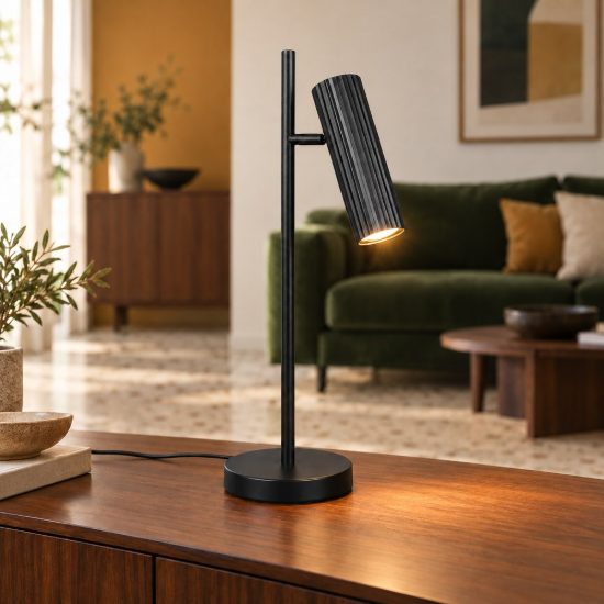 Lampada da tavolo per soggiorno moderna nera con diffusore cilindrico rigato