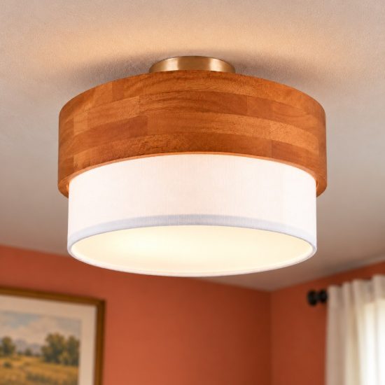 Plafoniera 2 luci moderna con paralume in tessuto bianco fascia in legno