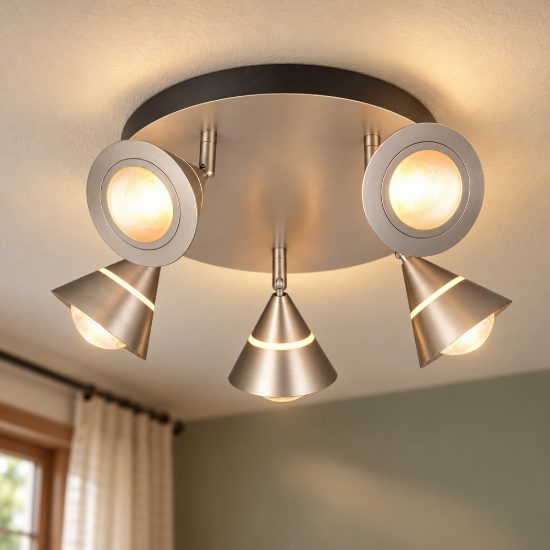 Plafoniera con 5 faretti led 35w cct 2300k 3000k 4000k orientabili moderna rotonda nichel opaco
