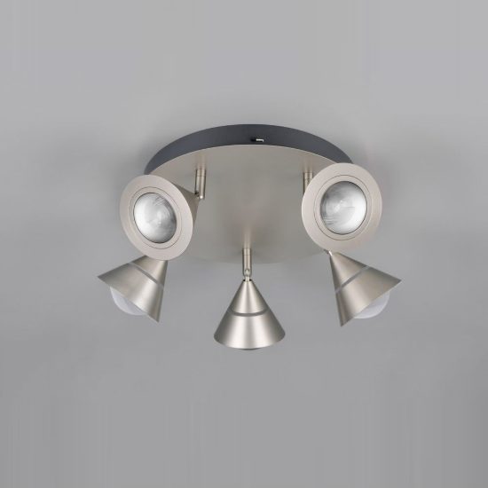 Plafoniera con 5 faretti led 35w cct 2300k 3000k 4000k orientabili moderna rotonda nichel opaco
