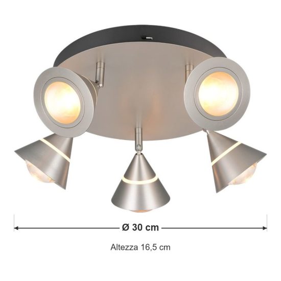 Plafoniera con 5 faretti led 35w cct 2300k 3000k 4000k orientabili moderna rotonda nichel opaco