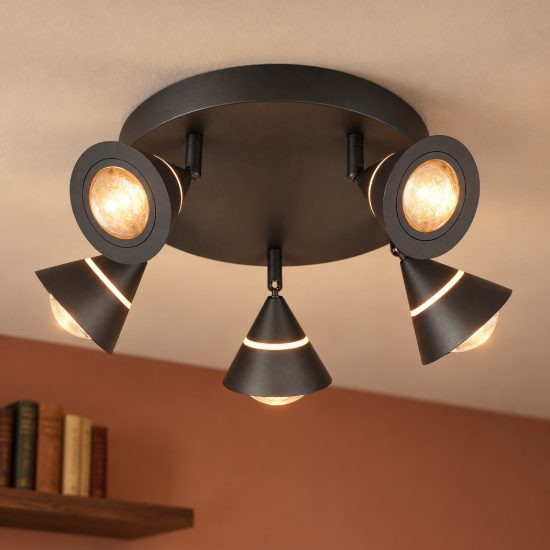 Plafoniera con 5 faretti led 35w cct 2300k 3000k 4000k orientabili moderna rotonda nera