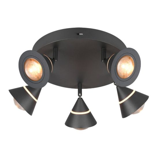 Plafoniera con 5 faretti led 35w cct 2300k 3000k 4000k orientabili moderna rotonda nera