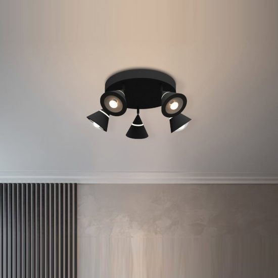 Plafoniera con 5 faretti led 35w cct 2300k 3000k 4000k orientabili moderna rotonda nera