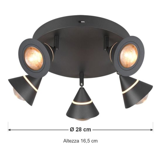 Plafoniera con 5 faretti led 35w cct 2300k 3000k 4000k orientabili moderna rotonda nera