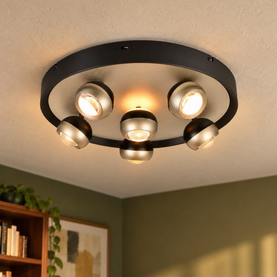 Plafoniera 6 luci led 40w cct 2300k 3000k 4000k bi-emissione orientabile rotonda nichel opaco nera