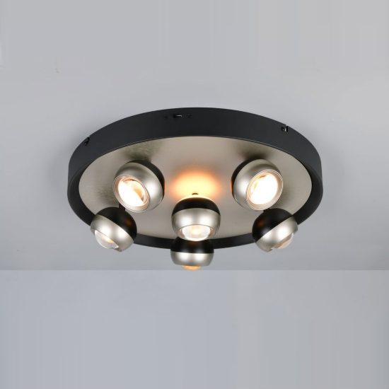 Plafoniera 6 luci led 40w cct 2300k 3000k 4000k bi-emissione orientabile rotonda nichel opaco nera