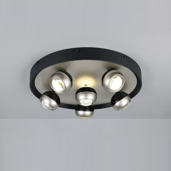 Plafoniera 6 luci led 40w cct 2300k 3000k 4000k bi-emissione orientabile rotonda nichel opaco nera