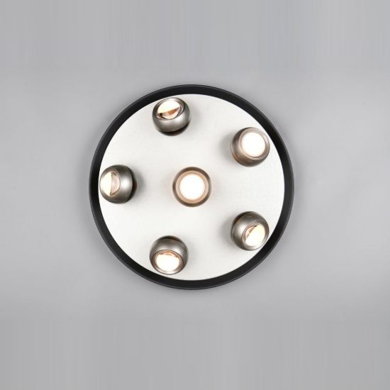 Plafoniera 6 luci led 40w cct 2300k 3000k 4000k bi-emissione orientabile rotonda nichel opaco nera