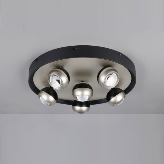 Plafoniera 6 luci led 40w cct 2300k 3000k 4000k bi-emissione orientabile rotonda nichel opaco nera
