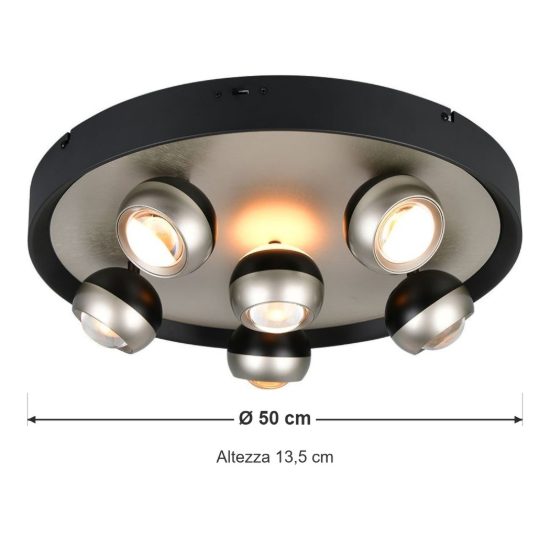 Plafoniera 6 luci led 40w cct 2300k 3000k 4000k bi-emissione orientabile rotonda nichel opaco nera