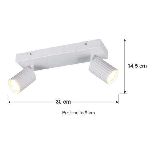 Plafoniera con 2 faretti orientabili moderna bianca con diffusori cilindrici rigati