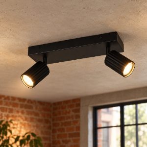 Plafoniera con 2 faretti orientabili moderna nera con diffusori cilindrici rigati