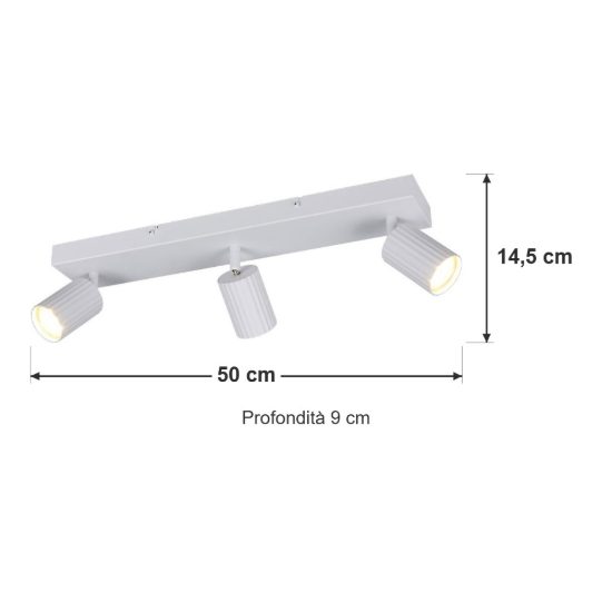 Plafoniera con 3 faretti orientabili moderna bianca con diffusori cilindrici rigati