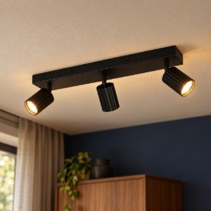 Plafoniera con 3 faretti orientabili moderna nera con diffusori cilindrici rigati