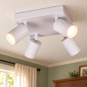 Plafoniera con 4 faretti orientabili moderna bianca con diffusori cilindrici rigati