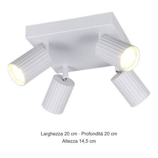 Plafoniera con 4 faretti orientabili moderna bianca con diffusori cilindrici rigati