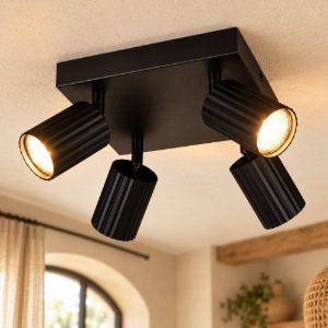 Plafoniera con 4 faretti orientabili moderna nera con diffusori cilindrici rigati