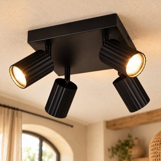 Plafoniera con 4 faretti orientabili moderna nera con diffusori cilindrici rigati