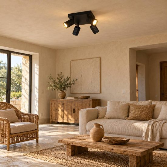 Plafoniera con 4 faretti orientabili moderna nera con diffusori cilindrici rigati