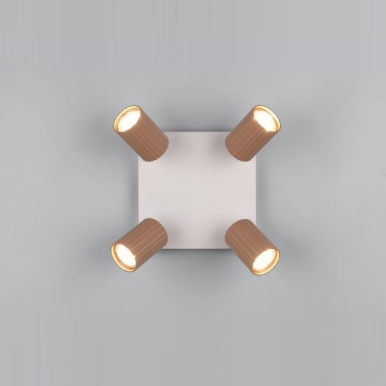 Plafoniera con 4 faretti orientabili moderna grigio caldo caffe con diffusori cilindrici rigati
