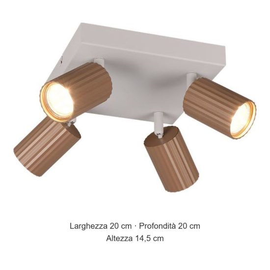 Plafoniera con 4 faretti orientabili moderna grigio caldo caffe con diffusori cilindrici rigati