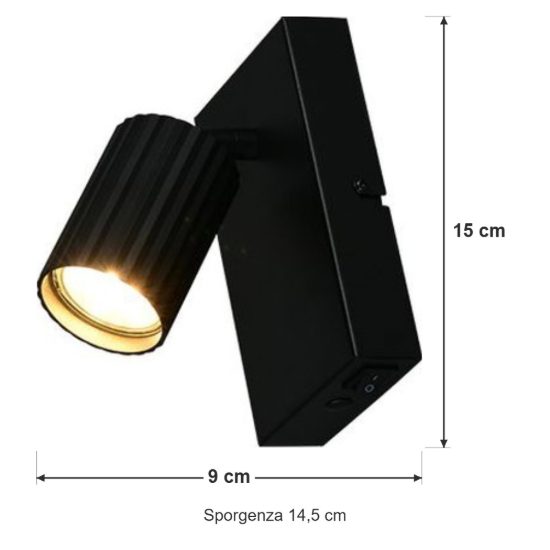 Applique per comodino camera da letto nera con cilindro rigato interruttore