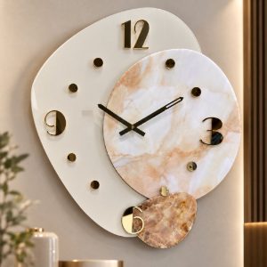 Orologio a parete moderno legno chiaro resina effetto marmo dettagli oro