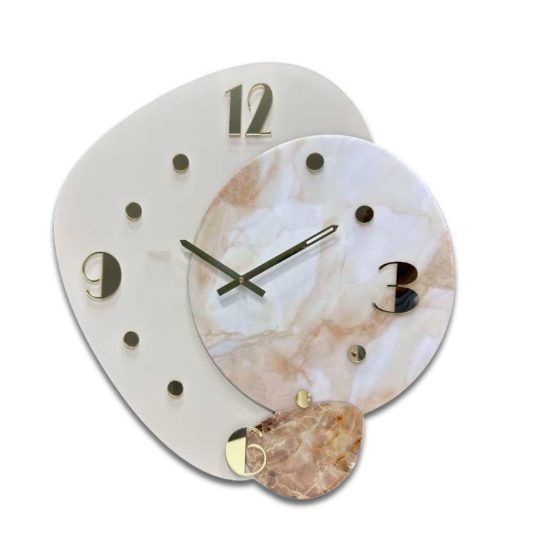 Orologio a parete moderno legno chiaro resina effetto marmo dettagli oro
