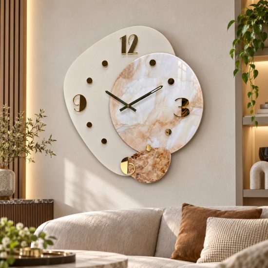 Orologio a parete moderno legno chiaro resina effetto marmo dettagli oro
