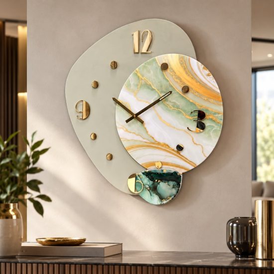 Orologio da parete design moderno legno laccato e resine verde dettagli oro