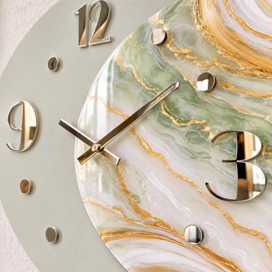 Orologio da parete design moderno legno laccato e resine verde dettagli oro