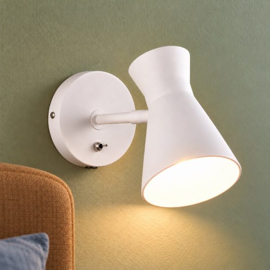 Applique per comodino camera da letto orientabile bianca con paralume a doppio cono interruttore