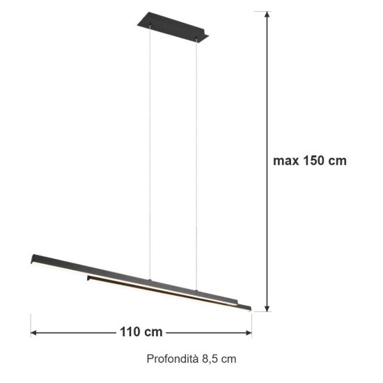 Lampadario a sospensione led 22w 3000k per sala da pranzo lineare nero con 2 bacchette