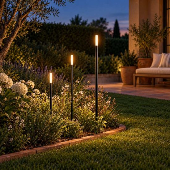 Set 3 lampioni da giardino led 3x3,5w 3000k con picchetto ip44 regolabili in altezza neri bianchi