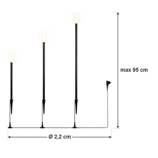 Set 3 lampioni da giardino led 3x3,5w 3000k con picchetto ip44 regolabili in altezza neri bianchi