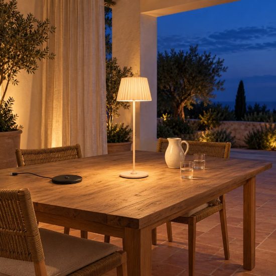 Lampada da tavolino ricaricabile da esterno led 1,5w 3000k touch ip44 sabbia con base di ricarica
