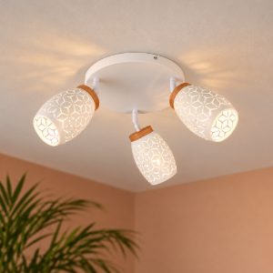 Plafoniera con 3 faretti moderna bianca con effetto legno decoro traforato